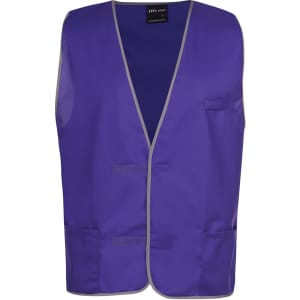 A purple work vest with grey trimming, featuring two front pockets and a logo.