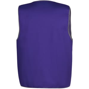 A purple work vest with grey trim, featuring a logo on the back.