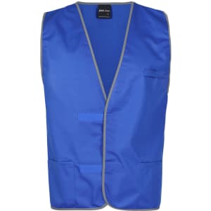 A blue work vest with grey trim, featuring two pockets and a logo at the neckline.