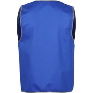 A blue vest with a grey trim and a logo, designed for workwear applications.
