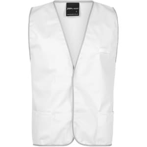 A white tricot vest featuring grey trim and multiple pockets. The vest includes branding.