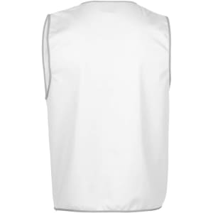 A plain white work vest with grey trim and a logo. The back view shows a simple, sleeveless design.