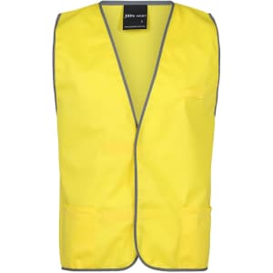 A bright yellow tricot vest with grey trim, featuring multiple pockets and a logo tag on the neckline.