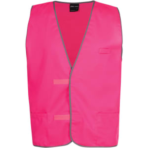 A pink tricot vest with grey trim, featuring pockets and a logo. Suitable for workwear use.