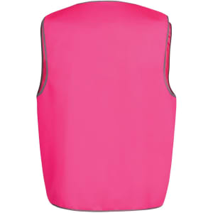 A bright pink work vest with grey piping and a logo on the front.