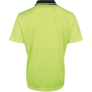 A back view of a bright lime green polo shirt featuring a collar and a logo.