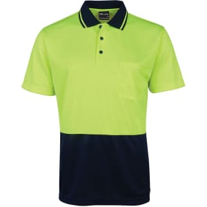 A bright yellow and navy polo shirt with a pocket and a logo. Ideal for workwear and promoting visibility.