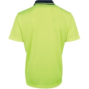 A lime green polo shirt with a collar, featuring a branding logo. Back view displays a simple design.