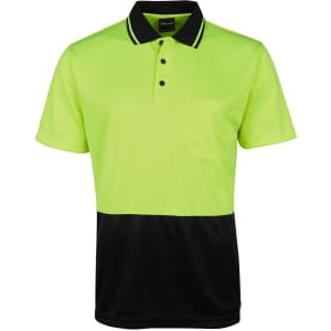 A bright yellow and black polo shirt with a pocket and a logo, designed for workwear settings.