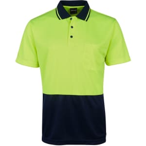A bright yellow and navy polo shirt with a pocket, featuring a logo and a non-cuff design.