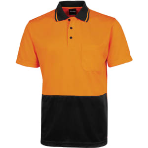 An orange and black Jacquard non-cuff polo shirt with a chest pocket and a branded logo.