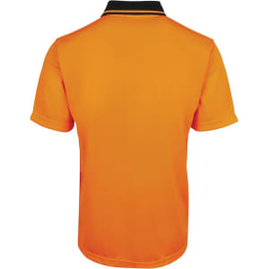 An orange polo shirt with a black collar, featuring short sleeves and a logo on the back.