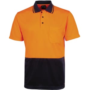 An orange and navy polo shirt with a pocket and a branded label at the collar. Features a two-tone design.