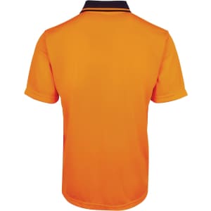 An orange polo shirt with a navy collar, featuring a brand logo. It has a non-cuff design suitable for workwear.