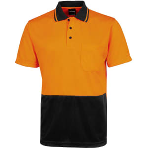 An orange and black polo shirt with a pocket and a logo, designed for workwear.