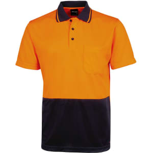 An orange and navy polo shirt featuring a collar, buttons, and a chest pocket. It has a logo on it.