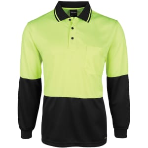 A long-sleeved polo shirt in high visibility lime green and black, featuring a pocket and a logo.