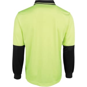 A long-sleeved polo shirt featuring a bright lime green front and black sleeves, with a plain design and a collar.