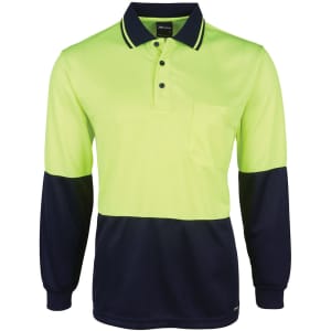 A long-sleeve polo shirt in high visibility yellow and navy, featuring a chest pocket and branding.