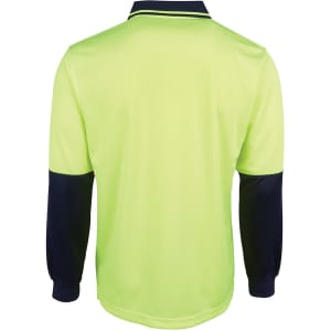 A long-sleeve polo shirt in high-visibility yellow with navy blue sleeves and collar, featuring a logo.
