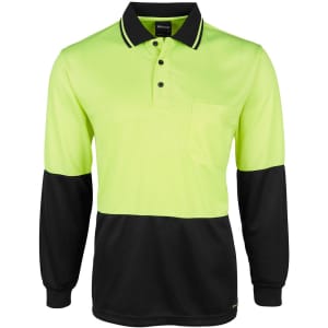 A long-sleeved polo shirt in fluorescent yellow and black, featuring a chest pocket and a collar. It has a logo.