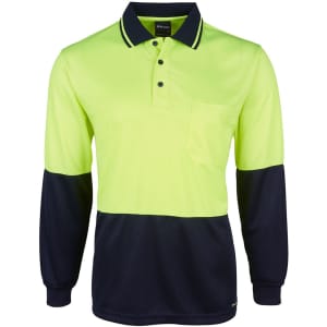 A long-sleeve polo shirt featuring a bright yellow top and navy blue bottom, with a pocket and a logo.