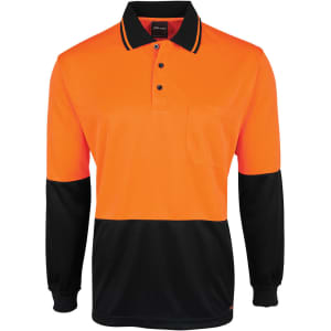 An orange and black long-sleeve polo shirt with a collar and front pocket, featuring a logo on the breast.