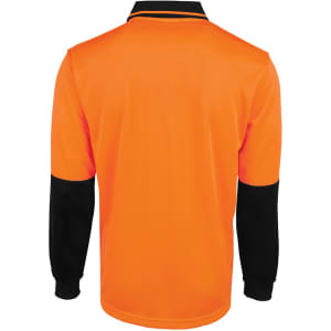 An orange and black long-sleeve polo shirt featuring a collar and contrasting sleeve details, with a logo present.