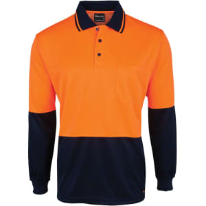 An orange and navy long-sleeve polo shirt with a pocket and logo.
