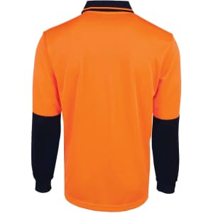 An orange long-sleeve polo shirt featuring black accents and a logo on the collar.