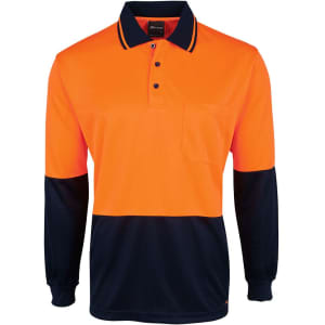 An orange and navy long-sleeve polo shirt featuring a pocket and a logo.