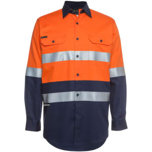 An orange and navy long-sleeve work shirt featuring reflective strips and a logo.