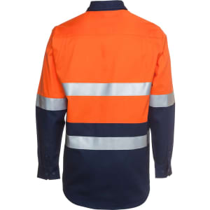 A long-sleeved work shirt in high-visibility orange and navy, featuring reflective stripes and a branding logo.