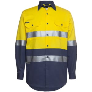 A long-sleeved work shirt in yellow and navy, featuring reflective stripes and a logo on the upper left.