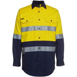 A long-sleeve work shirt featuring yellow and navy blue colours with reflective stripes and a logo.
