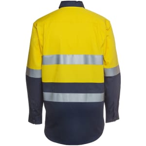 A long-sleeve work shirt in bright yellow and navy blue with reflective stripes and a logo.