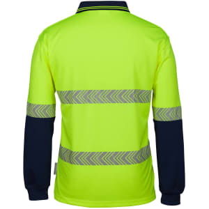 A long-sleeved polo shirt in high visibility yellow with navy blue sleeves and reflective stripes. It has a logo on it.