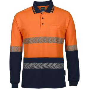 High-visibility long-sleeve polo shirt in orange and navy, featuring reflective segmented tape and a chest pocket.