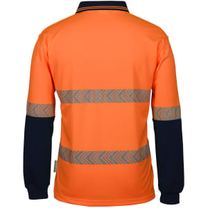 Long-sleeved polo shirt in orange and navy, featuring segmented reflective stripes and a collar. Includes branding.