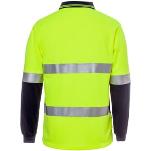 A high-visibility long-sleeve polo in bright yellow, featuring reflective stripes and navy blue sleeves.