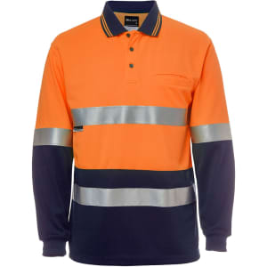 An orange and navy long-sleeve polo shirt featuring reflective stripes and a collar. The shirt has a pocket and a logo.