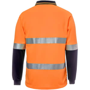 A bright orange long-sleeve polo shirt with navy sleeves and silver reflective strips. It features a logo on the front.