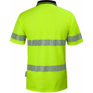 A lime green polo shirt with navy collar and segmented reflective stripes on the back. Features a logo.