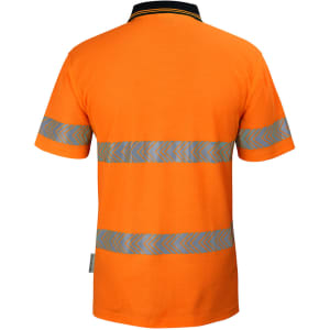 A high visibility polo shirt in orange with reflective chevron stripes on the back and a collar.