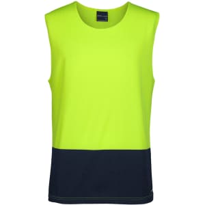 A sleeveless work singlet in lime with a navy blue bottom section, featuring a brand logo.