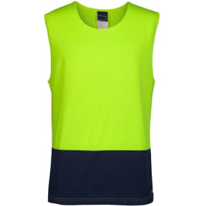 A lime green and navy work singlet with a logo on it. It features a sleeveless design and a simple cut.
