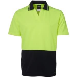 A bright yellow and black polo shirt with a collar and logo. Suitable for workwear applications.