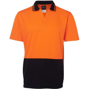 An orange and black short-sleeve polo shirt with a collar and a logo.