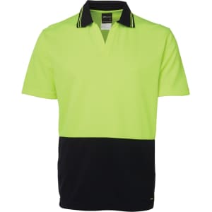 A short-sleeved polo shirt in high visibility yellow with a black lower section and a collar featuring contrasting stripes.