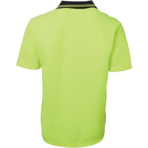 A lemon green work polo shirt with a black collar, featuring a logo on the chest.